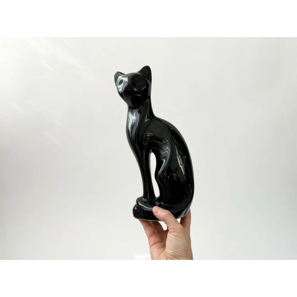 Midcentury Modern Black Ceramic Felt Bottom Vintage Tall Cat Statue - Picture 9 of 10